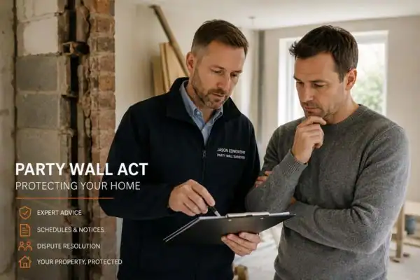 Party wall surveyor Wombwell discussing extension plans with homeowner outside a UK semi-detached house.